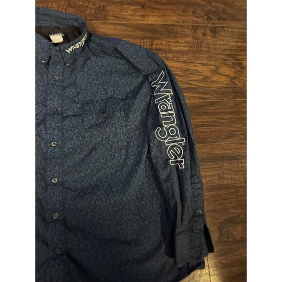 Wrangler Shirt Mens 2XL Navy Blue Paisley Western Cowboy Rodeo Embroidered Logo - Picture 2 of 8